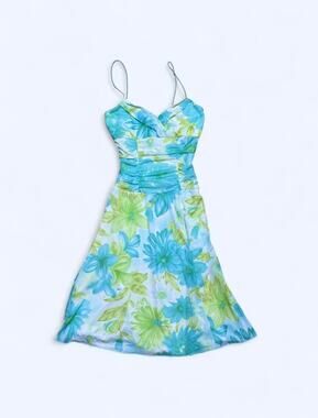 Vtg Y2K Byer Too Green Blue Watercolor Spaghetti Strap Babydoll Dress Size XXS